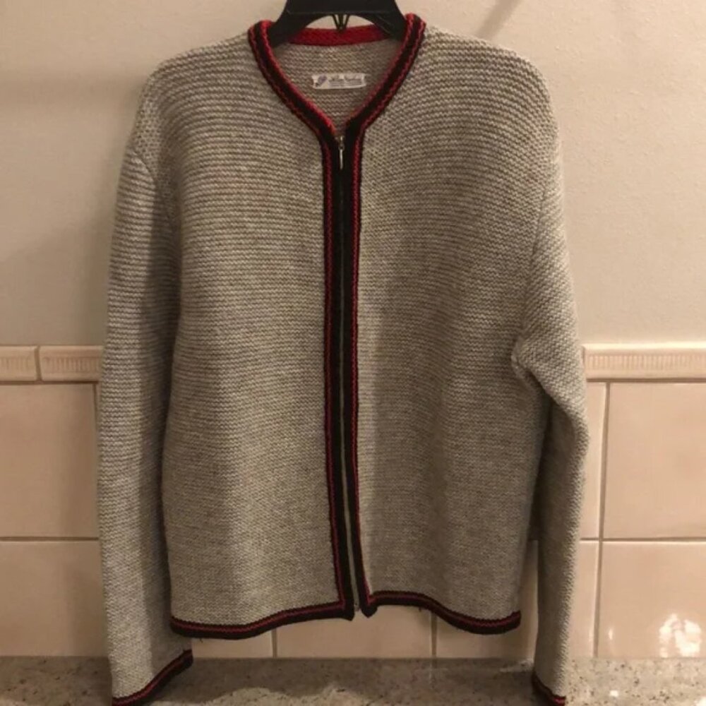 Vintage German wool artisan knit zip up contrast trim sweater cardigan jacket - Picture 2 of 9